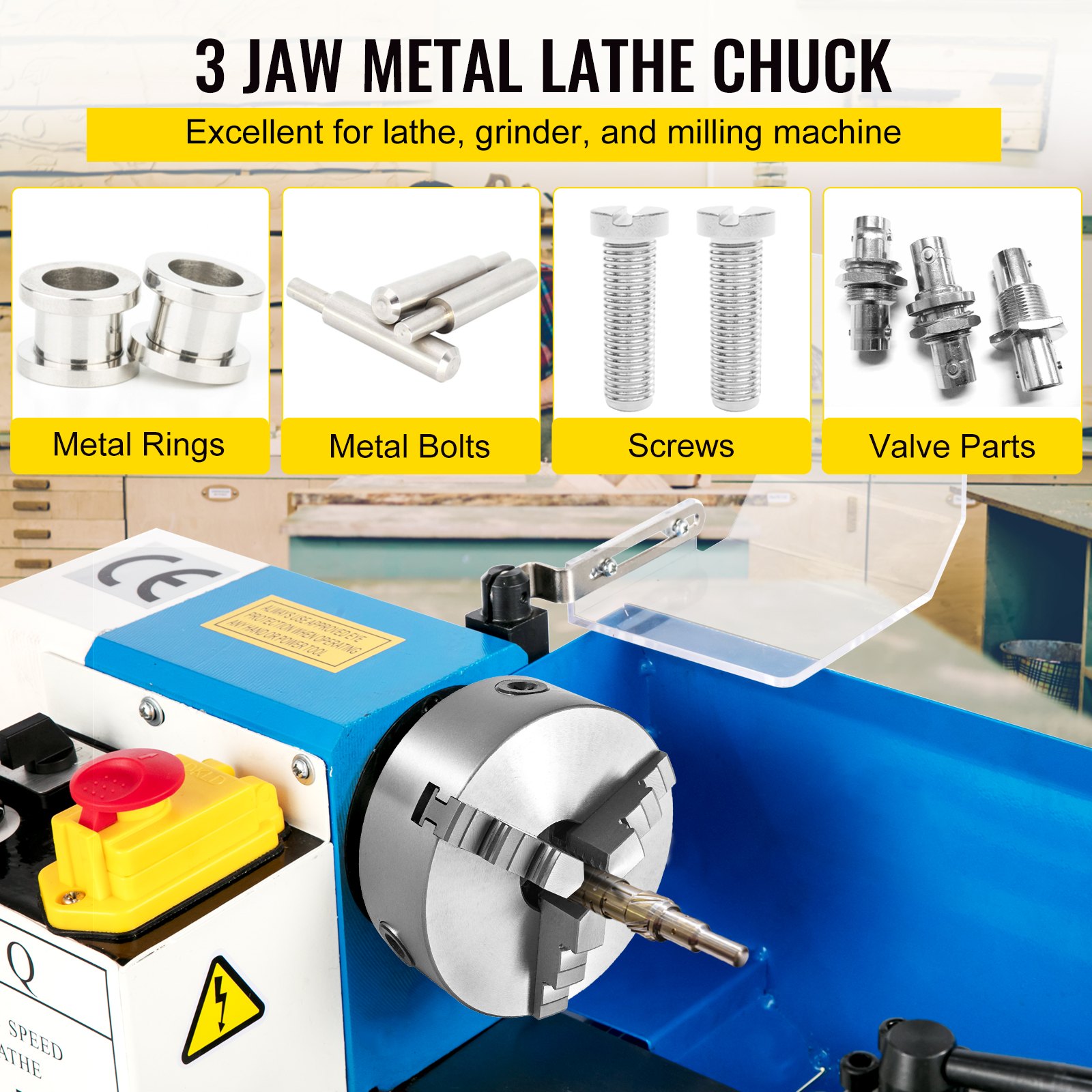 VEVOR lathe chuck for metal rings, bolts, screws, and valve parts, ideal for machines.