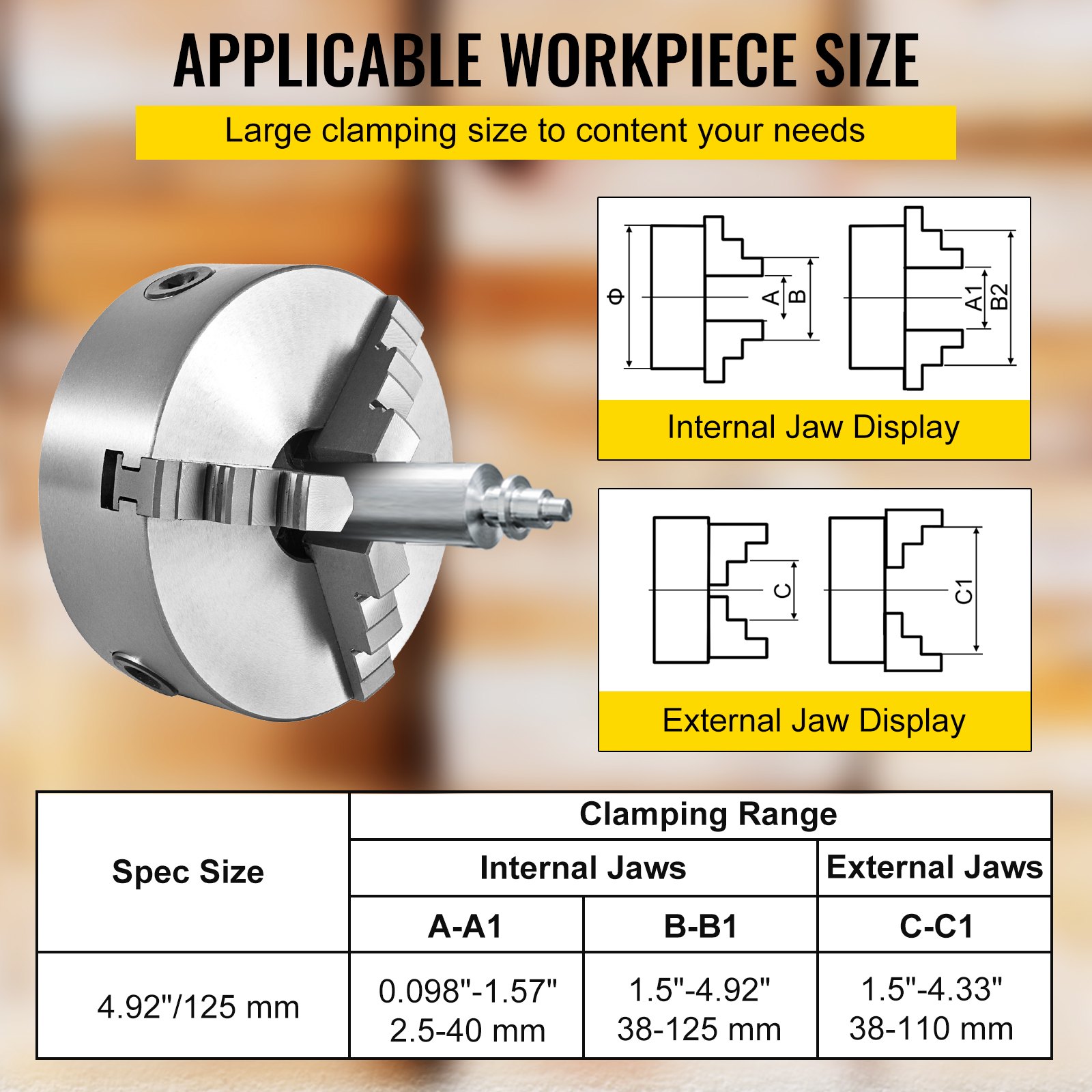 VEVOR lathe chuck with adjustable internal and external jaws for varied workpiece sizes.