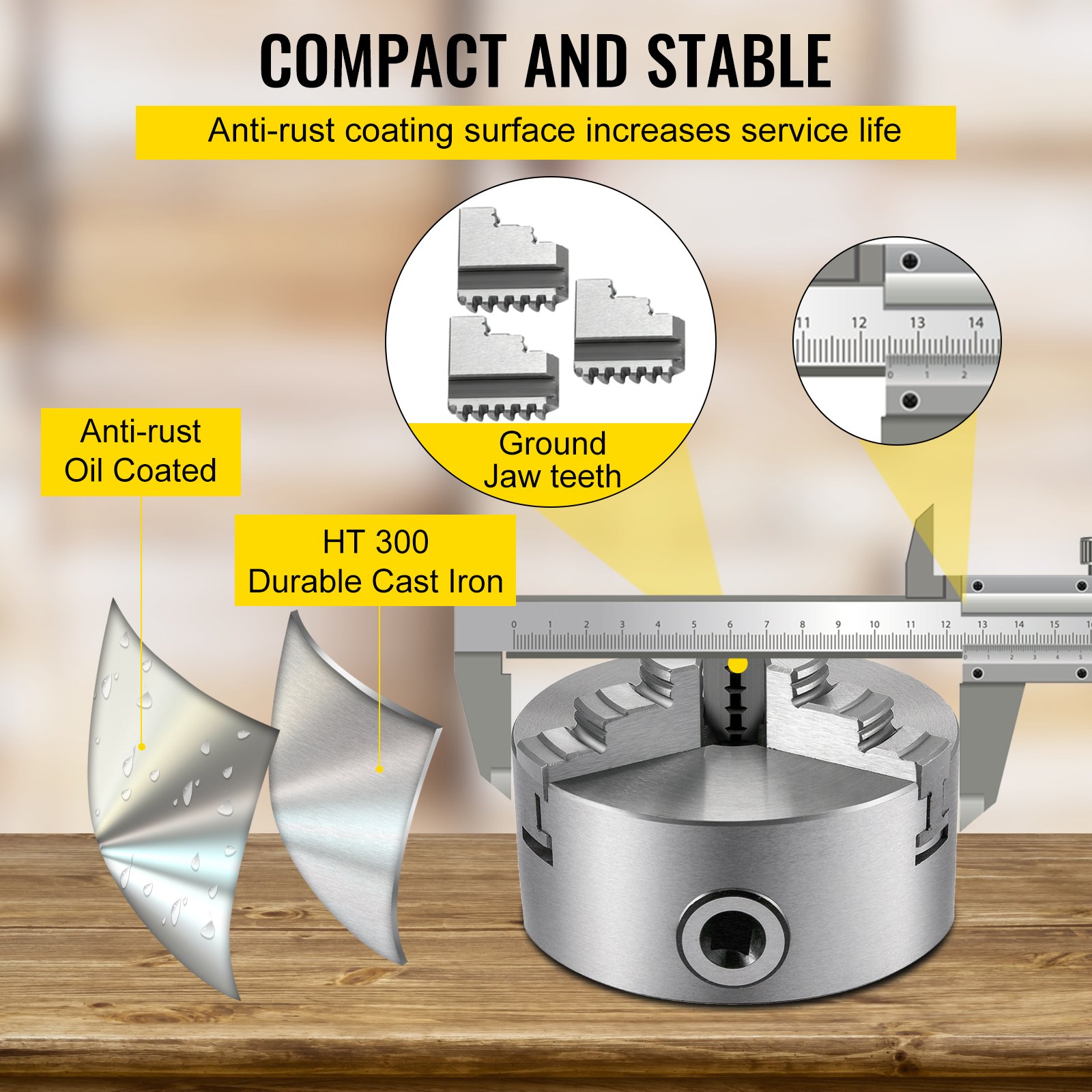 VEVOR lathe chuck made from ht 300 cast iron with anti-rust oil coating and ground jaw teeth.
