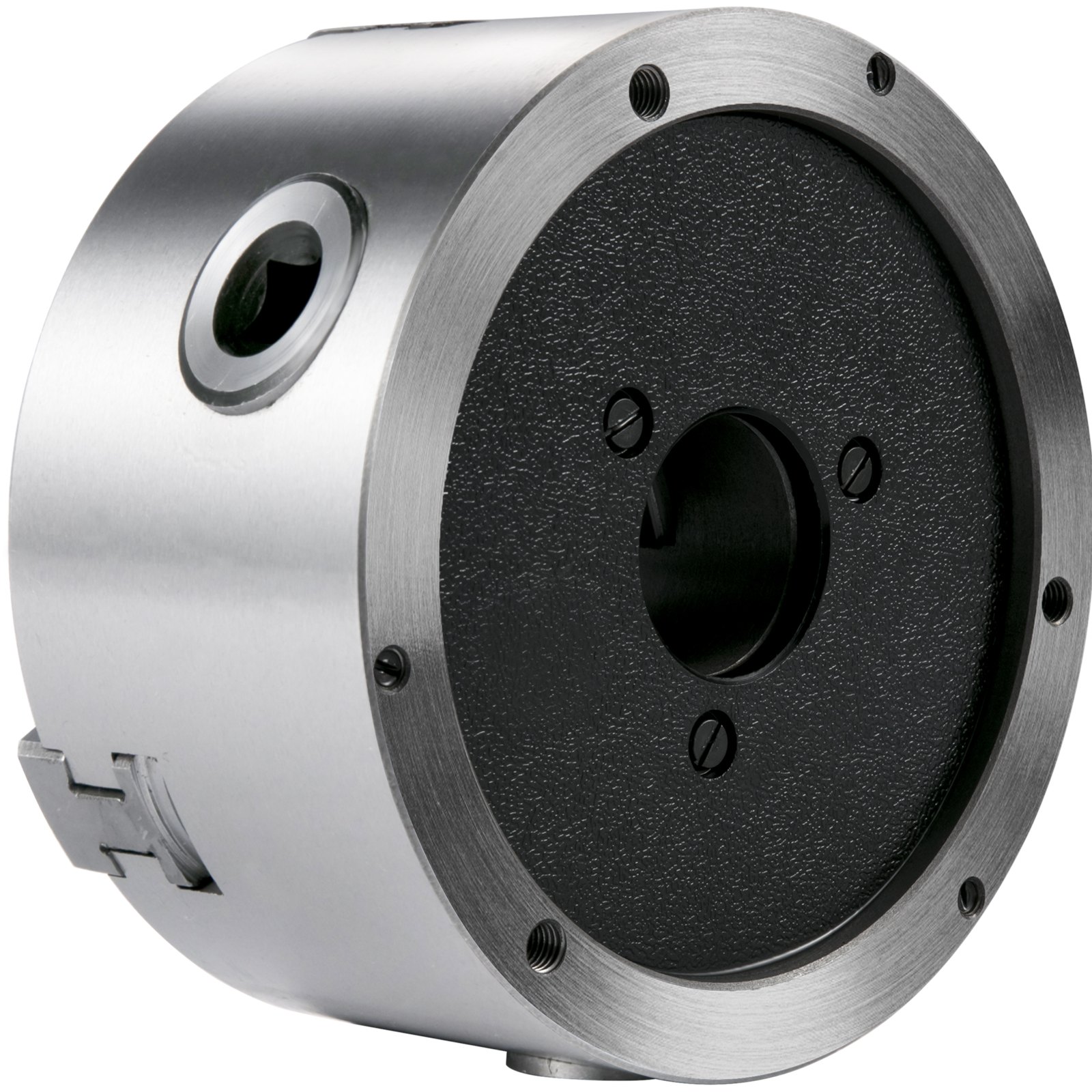 VEVOR lathe chuck with a black textured face and silver metallic body.