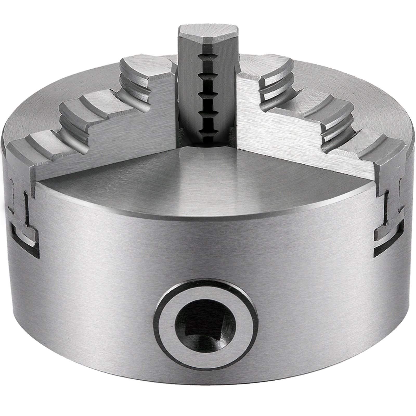VEVOR lathe chuck with precision steel construction and adjusting screws.