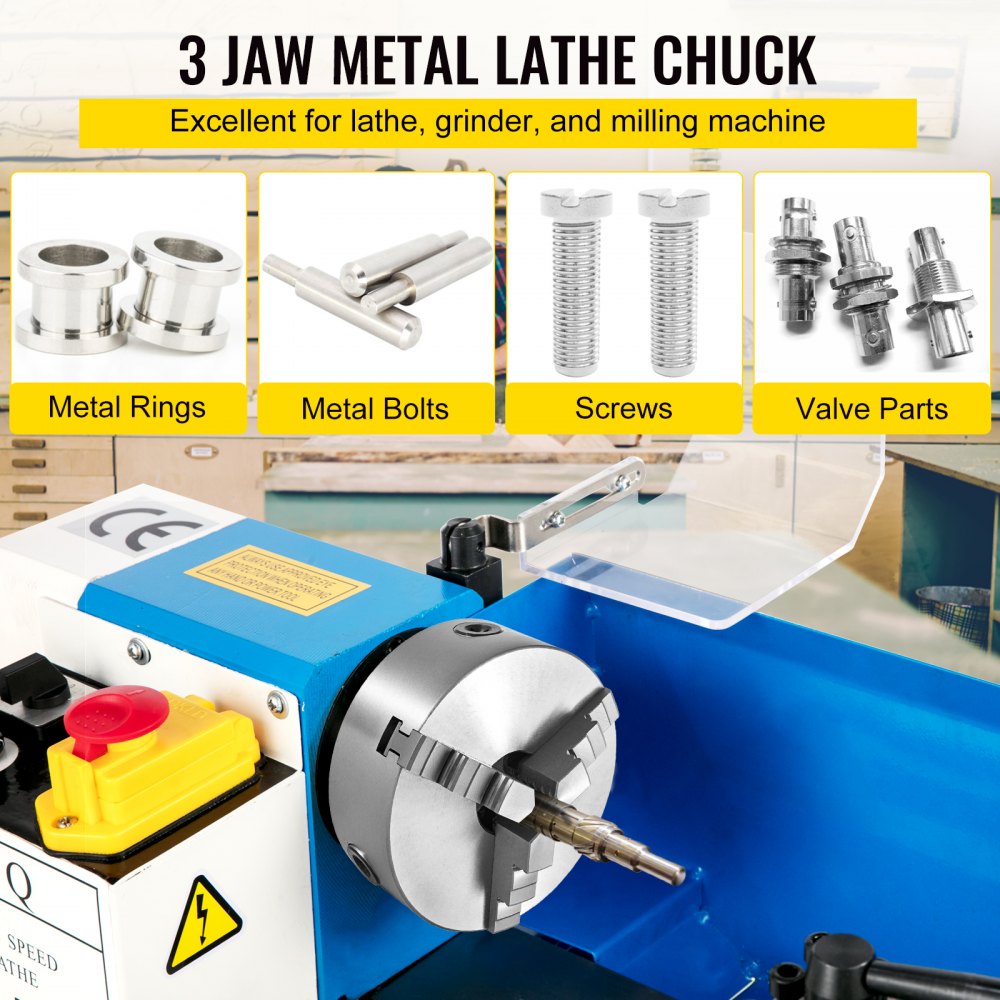 VEVOR lathe chuck with 3 jaws, compatible with lathe, grinder, and milling machines.