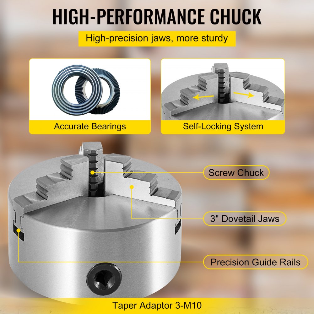 VEVOR lathe chuck with high-precision jaws, self-locking system, and accurate bearings.
