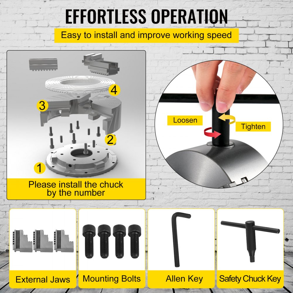 VEVOR lathe chuck installation guide with components and tightening instructions.