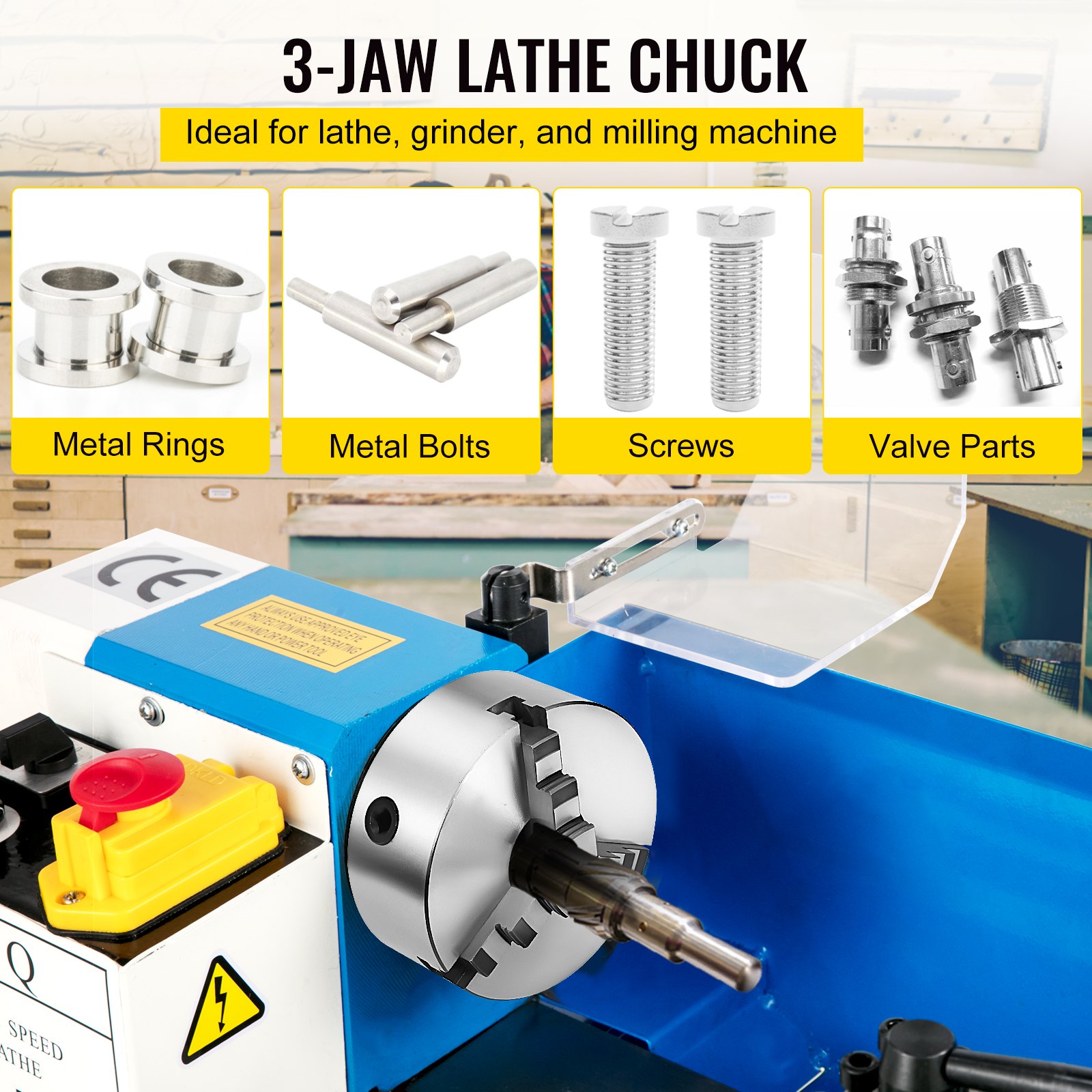 VEVOR lathe chuck with 3-jaw design, ideal for lathe, grinder, and milling machine.