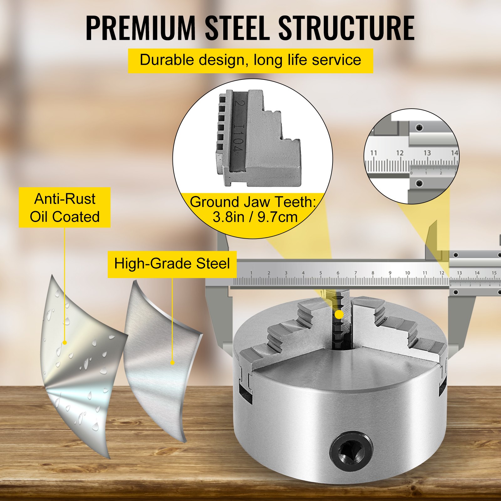 VEVOR lathe chuck with anti-rust oil coating and high-grade steel construction.