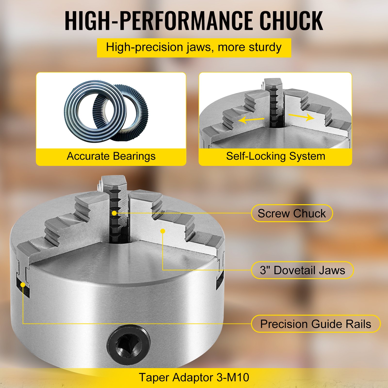 VEVOR lathe chuck with high-precision jaws, self-locking system, and accurate bearings.
