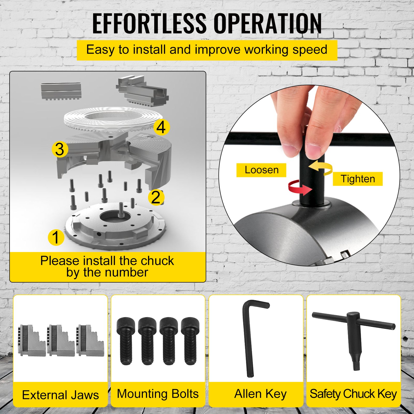 VEVOR lathe chuck installation guide with components and tightening instructions.