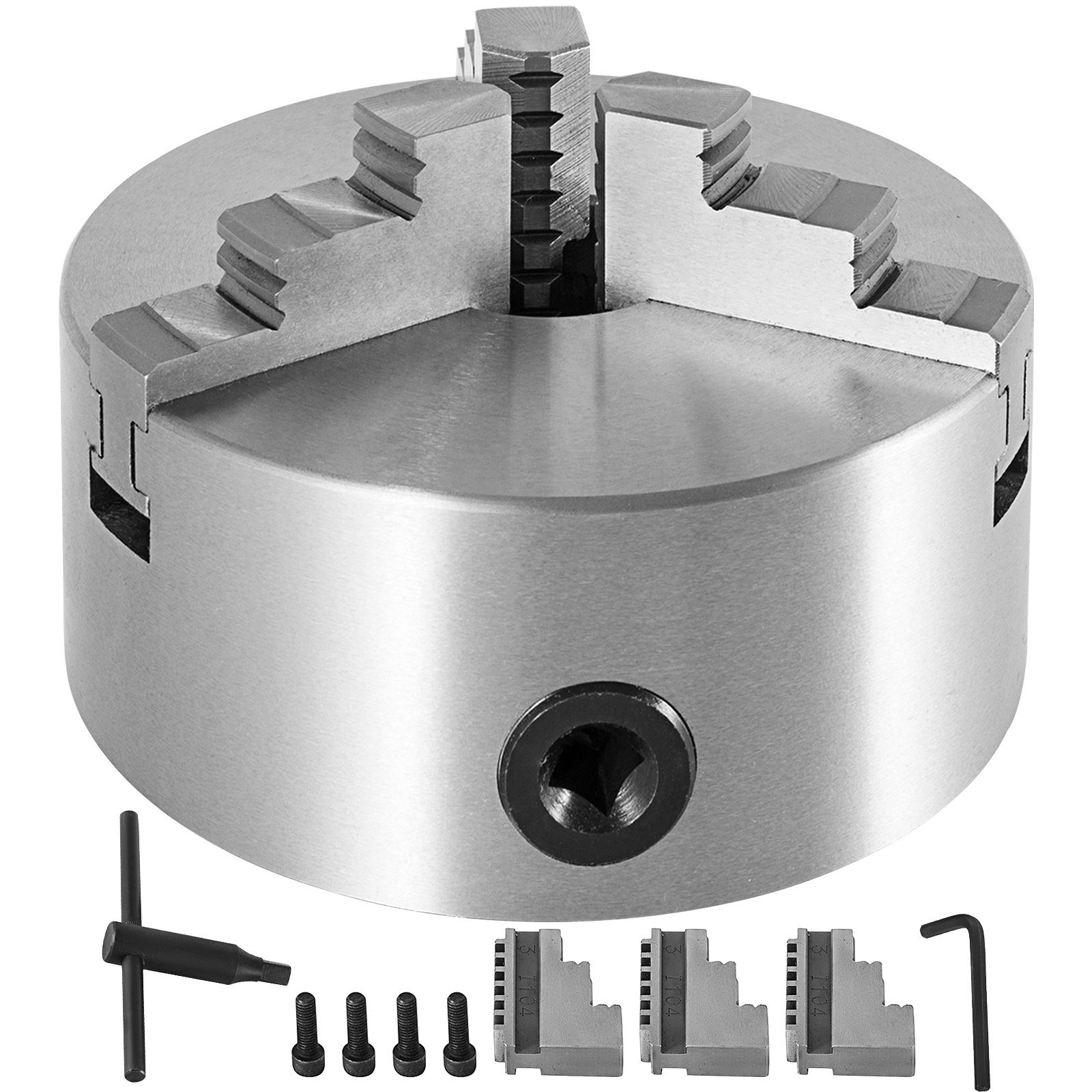 VEVOR lathe chuck with accessories, including screws and tightening tools.
