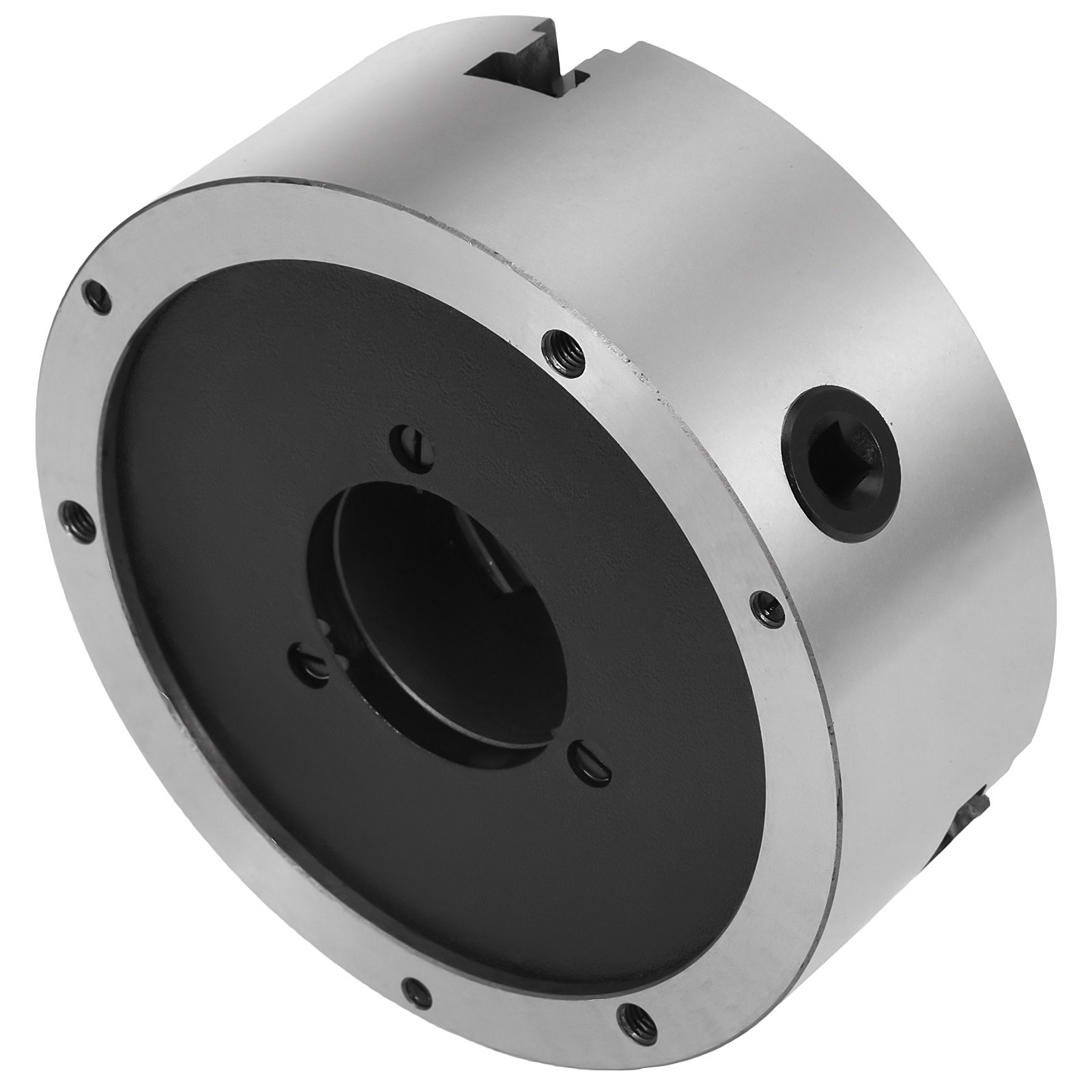 close-up of VEVOR lathe chuck with steel and black finish, highlighting mounting holes.