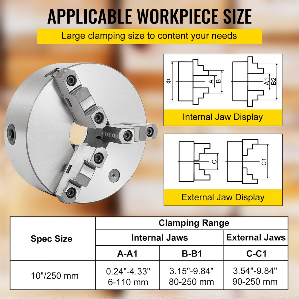 VEVOR lathe chuck showing internal and external jaw displays with clamping range details.