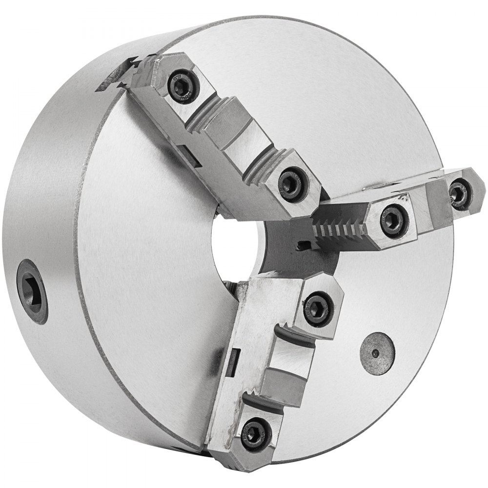 VEVOR lathe chuck with three adjustable jaws and a polished metallic finish.