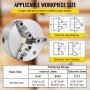 VEVOR lathe chuck showing internal and external jaw displays with clamping range details.