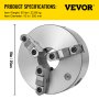 VEVOR lathe chuck, 50 lbs weight, 10-inch diameter, 3-jaw design, silver finish.
