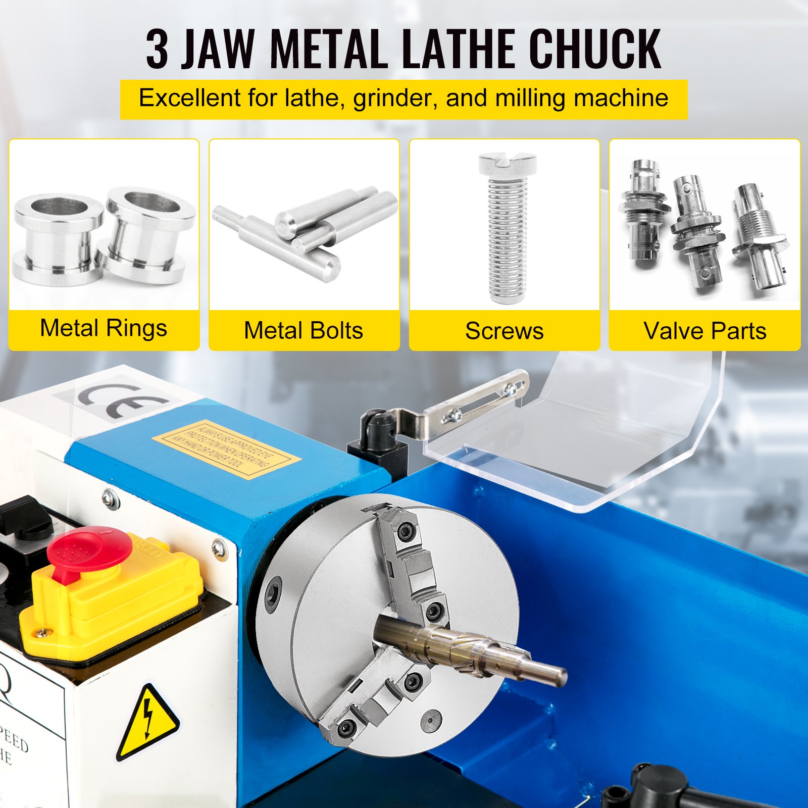 VEVOR lathe chuck showcasing 3-jaw tool holding metal rings, bolts, screws, and valve parts.