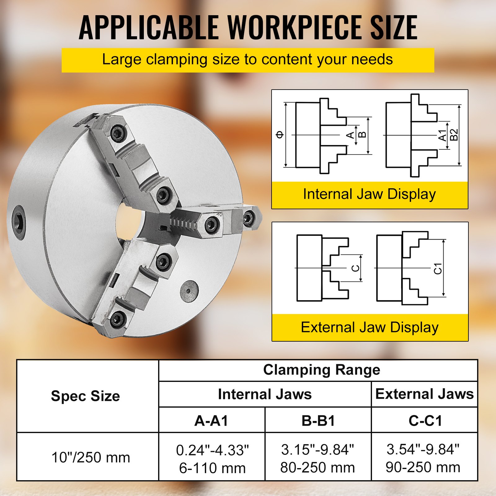 VEVOR lathe chuck showing internal and external jaw displays with clamping range details.