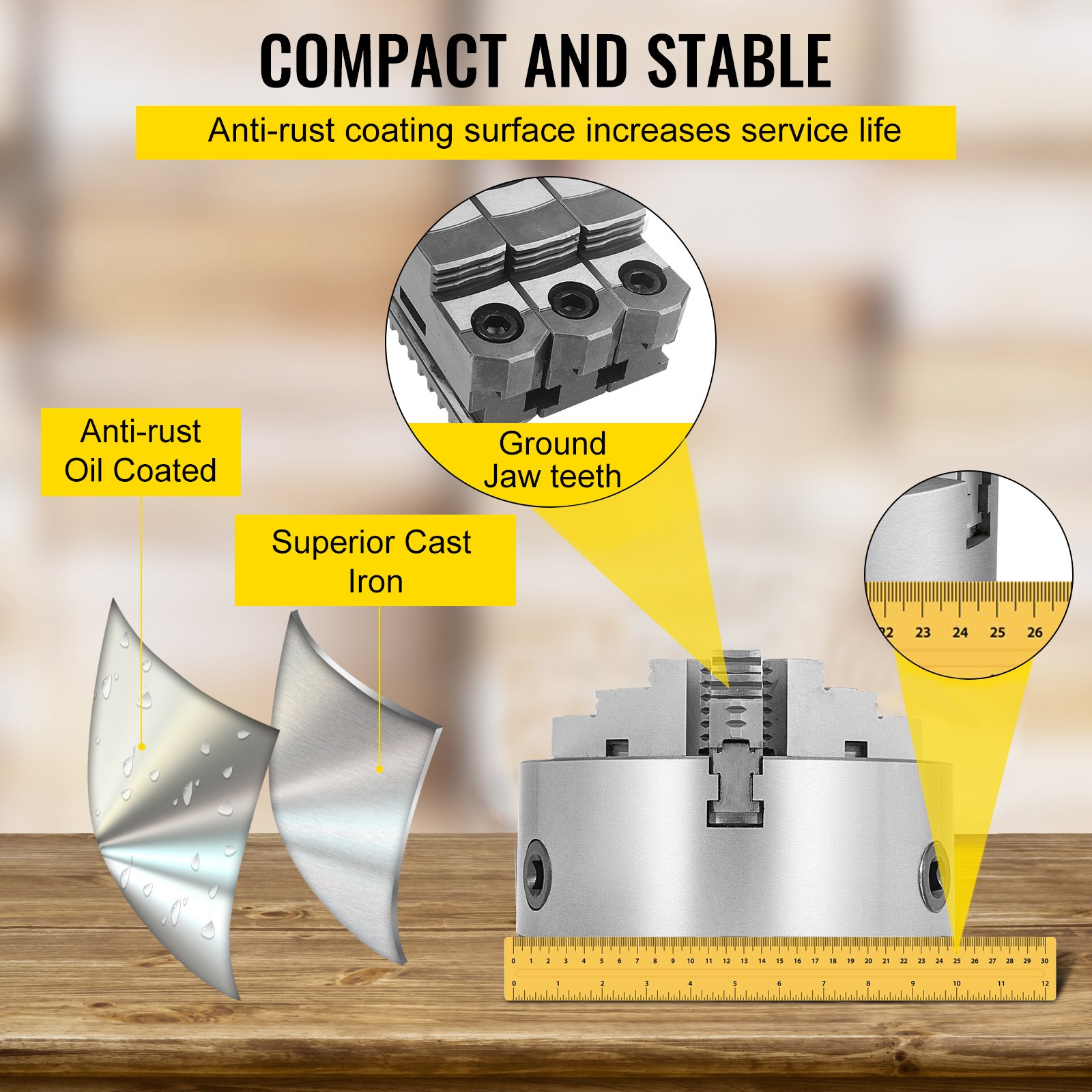 VEVOR lathe chuck, anti-rust coated, superior cast iron, ground jaw teeth. compact and stable.