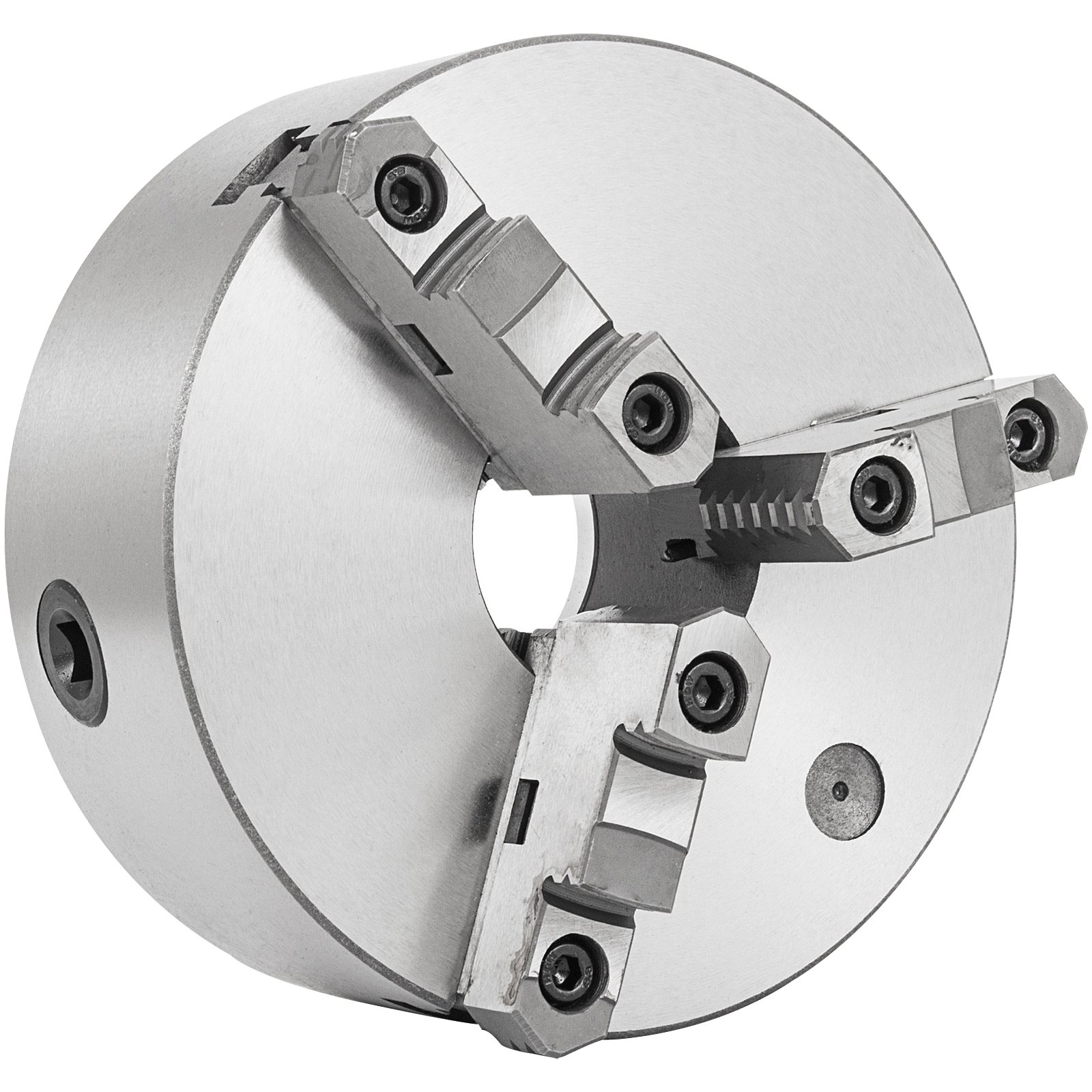 VEVOR lathe chuck with three adjustable jaws and a polished metallic finish.