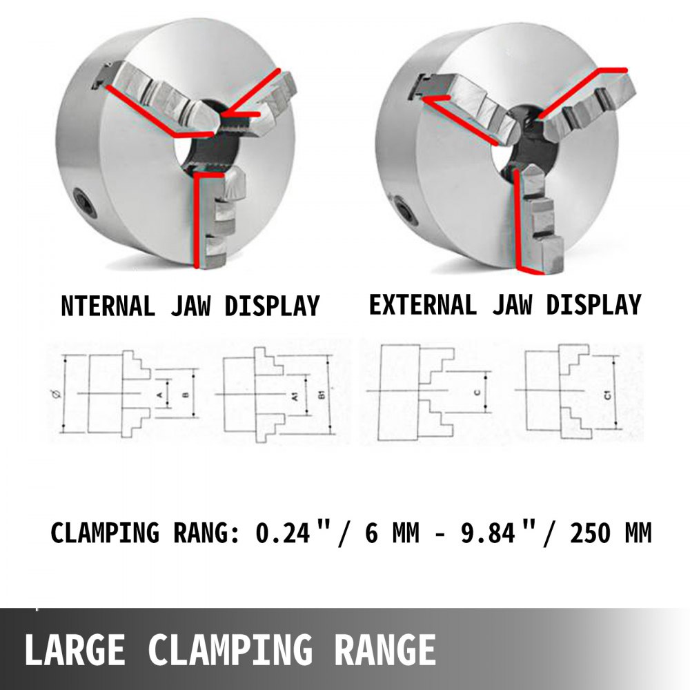 VEVOR K11-250 Lathe Chuck 10" Metal Lathe Chuck Self-centering 3 Jaw Lathe Chuck With 2 Sets Of Jaws for Grinding Milling Machines