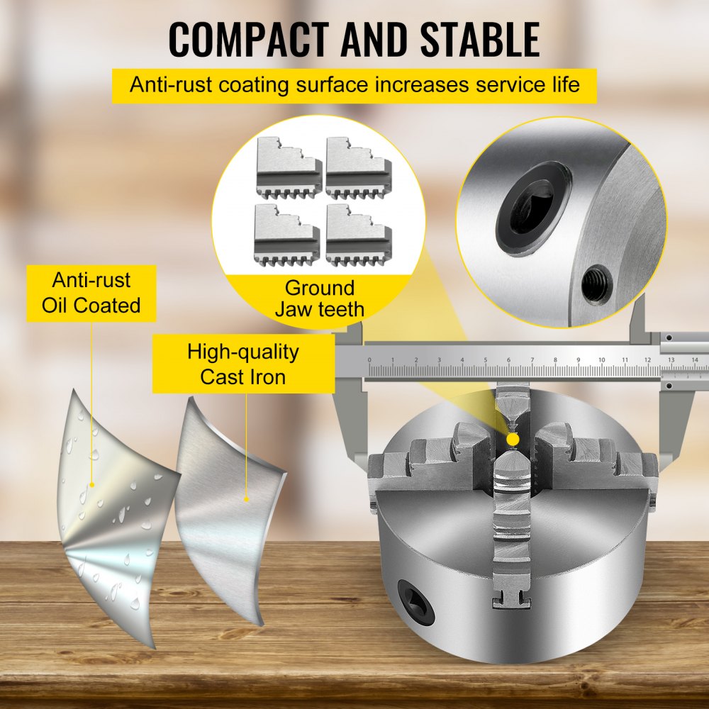 VEVOR lathe chuck: anti-rust coating, ground jaw teeth, high-quality cast iron.