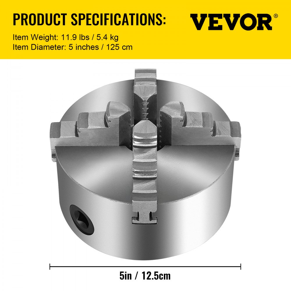 VEVOR lathe chuck with 5in diameter, 4 jaws, in silver, on a yellow background.