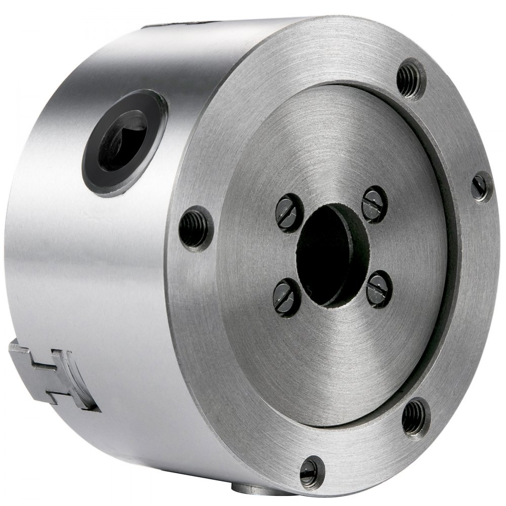 metal VEVOR lathe chuck with multiple mounting holes and a central cavity.
