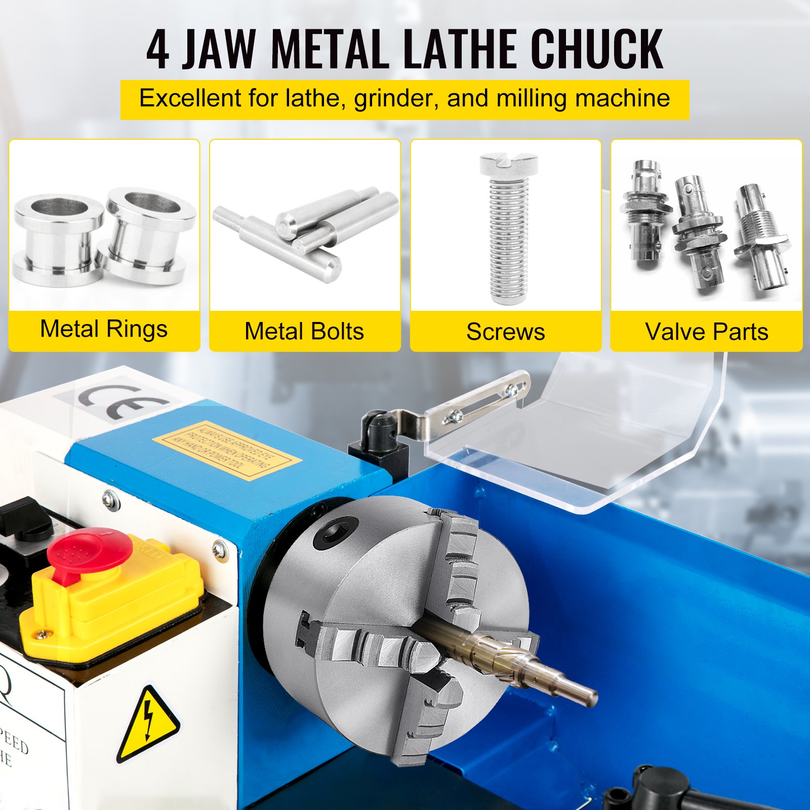 VEVOR lathe chuck holding a metal piece, with inserts showing metal rings, bolts, screws, and valve parts.