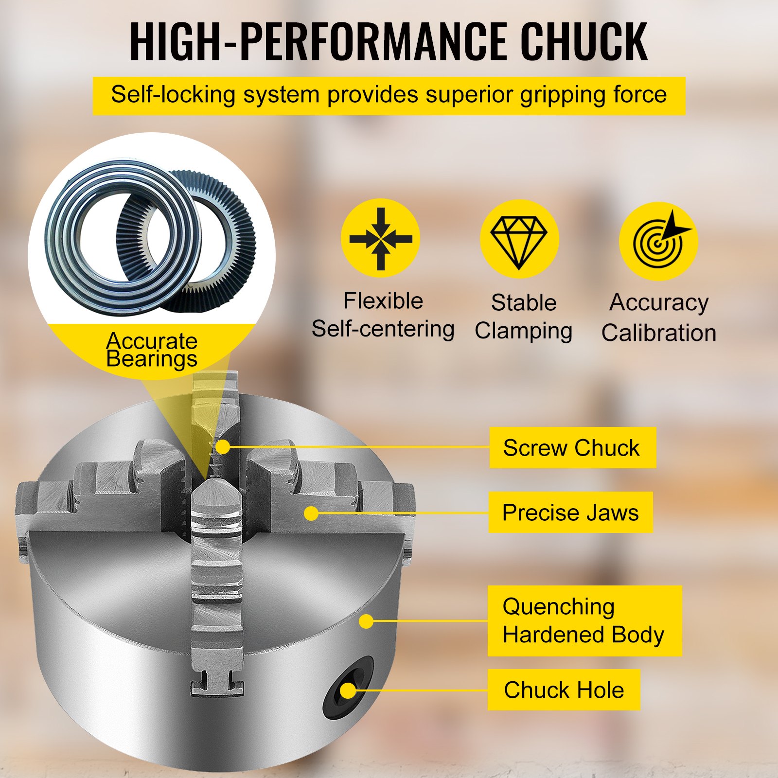 VEVOR lathe chuck with accurate bearings, precise jaws, and quenching hardened body.