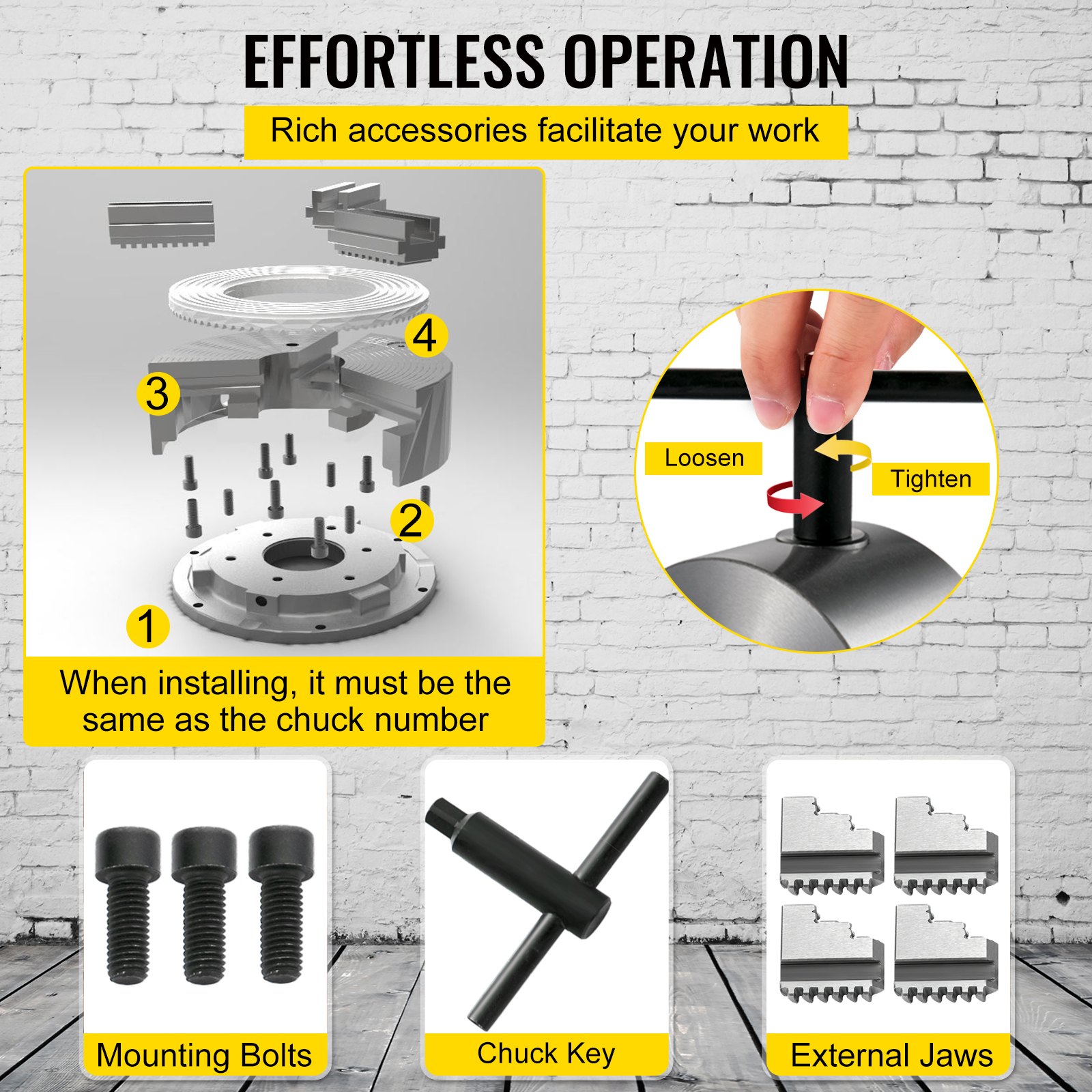 VEVOR lathe chuck installation guide with mounting bolts, chuck key, and external jaws.