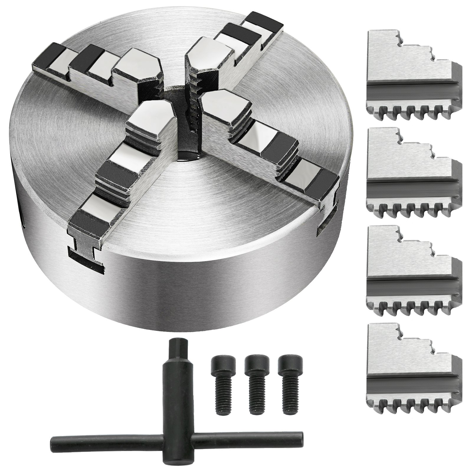 VEVOR lathe chuck with extra jaws and fastening screws on display.