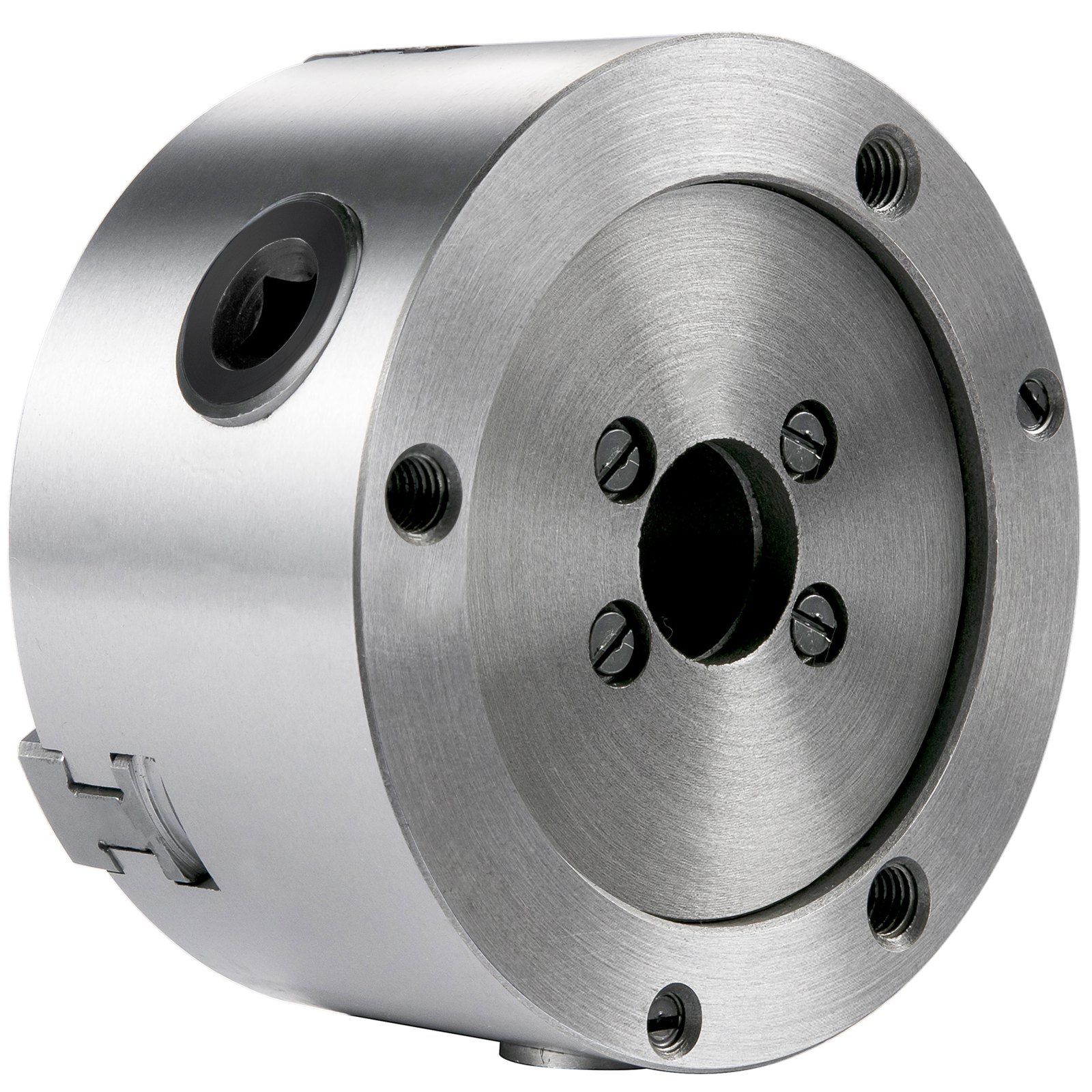 metal VEVOR lathe chuck with multiple mounting holes and a central cavity.