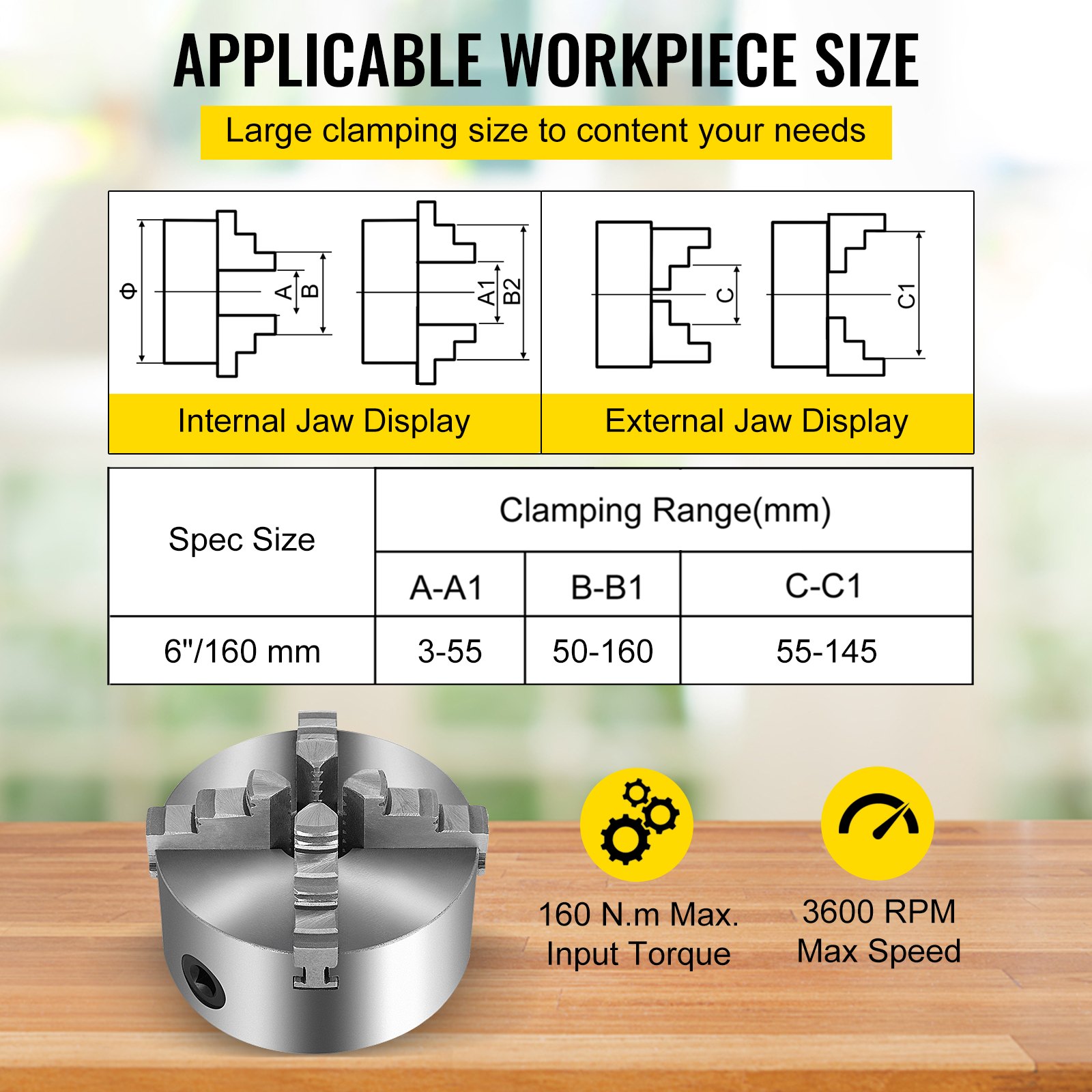 VEVOR lathe chuck with clamping range details and max torque and speed specifications.