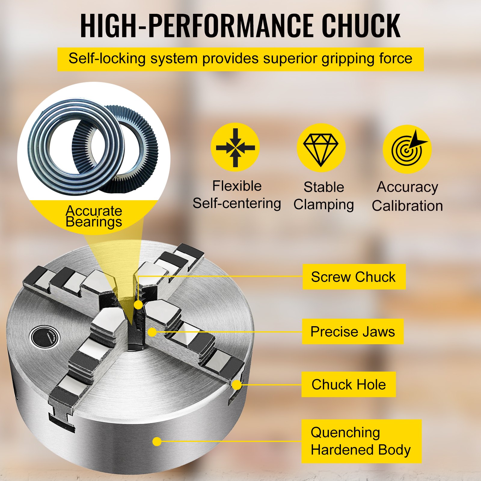 high-performance VEVOR lathe chuck with self-locking system and precise jaws.