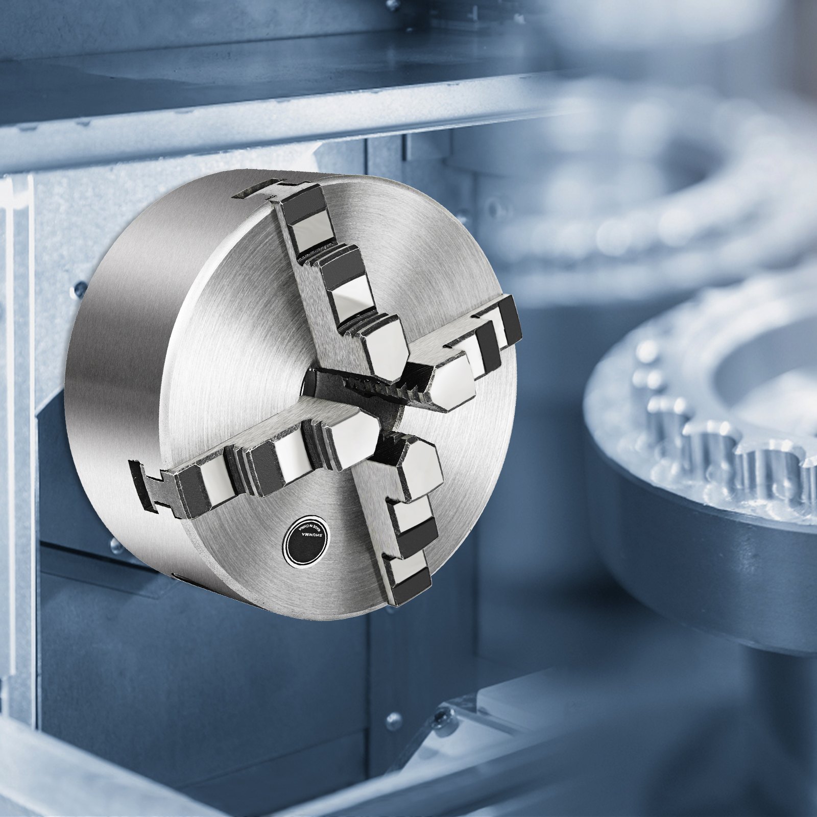 VEVOR lathe chuck in a metalwork machinery setting, highlighting its precision grip mechanism.