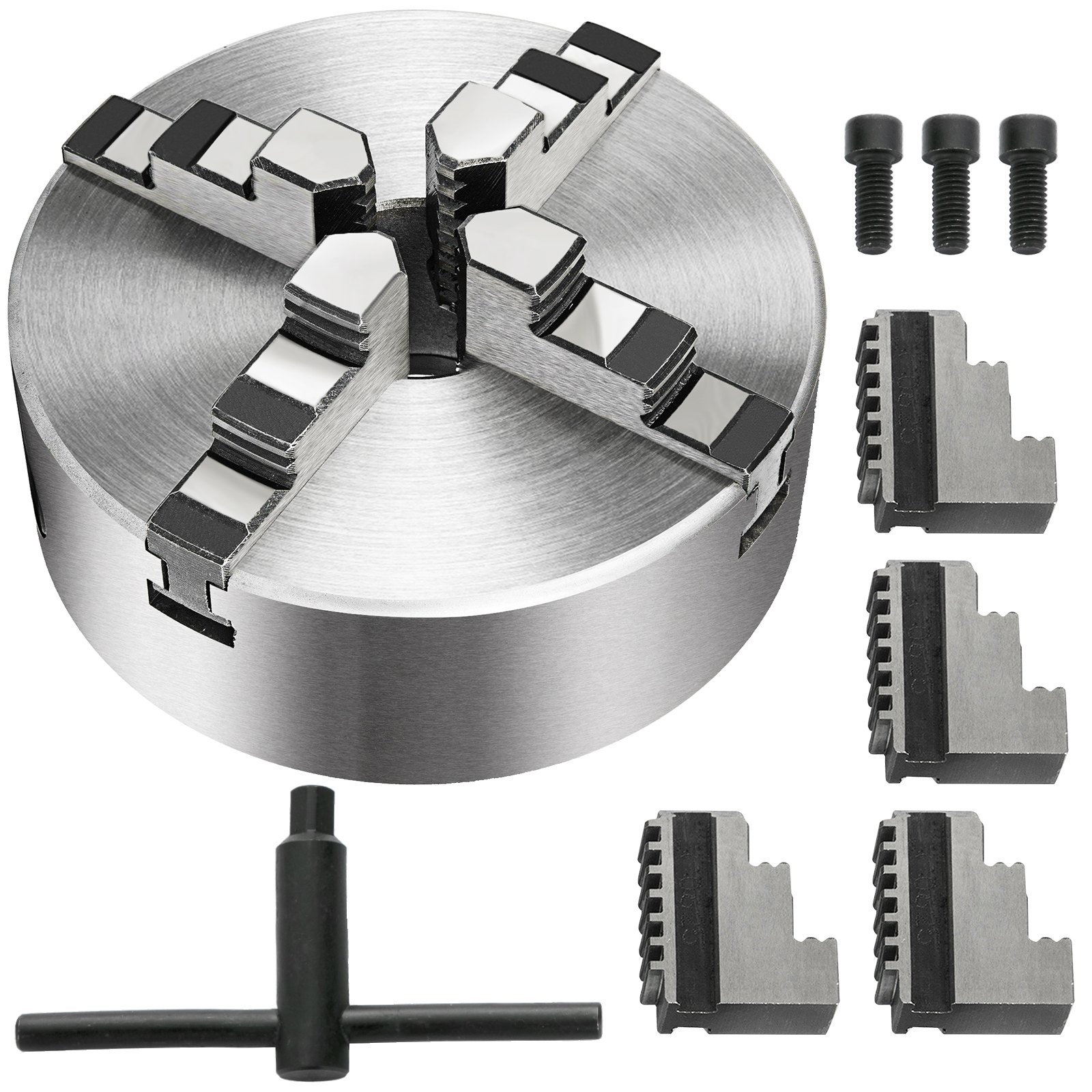 VEVOR lathe chuck with three jaw sets, three screws, and a t-handle key.