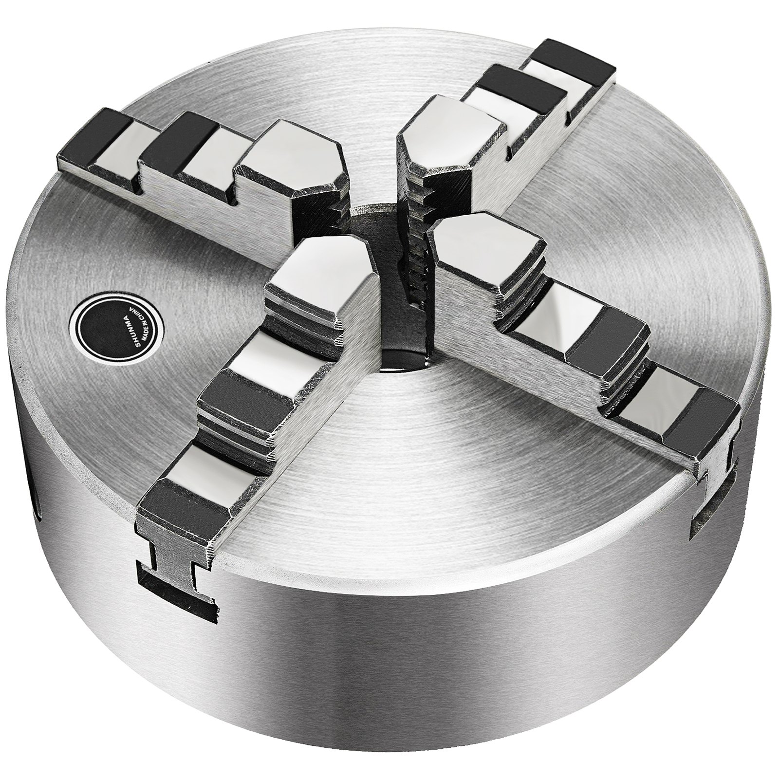 VEVOR lathe chuck with four precision jaws in metallic finish.