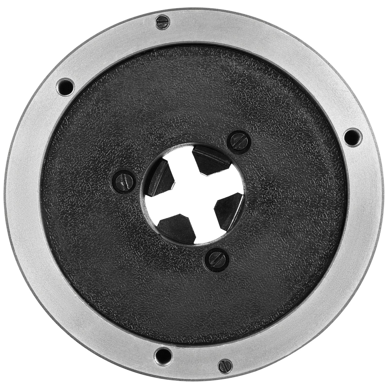 VEVOR lathe chuck with textured surface and metal rim, featuring multiple screw holes.