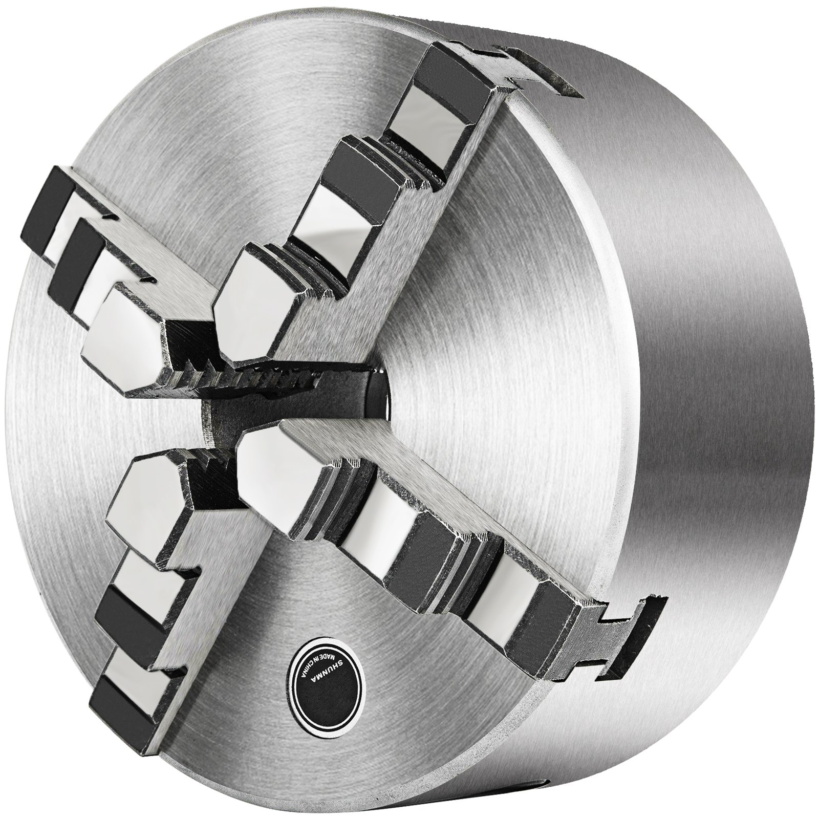 VEVOR lathe chuck with four steel jaws for precision gripping and machining.