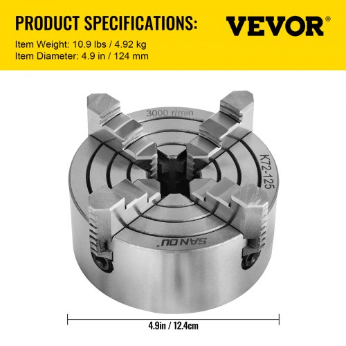VEVOR K72-125 5 Inch Lathe Chuck Independent Reversible Jaw 125MM Metal Turning Machine Accessories for Mini Metal Lathe Machine 4 Jaw Lathe Chuck