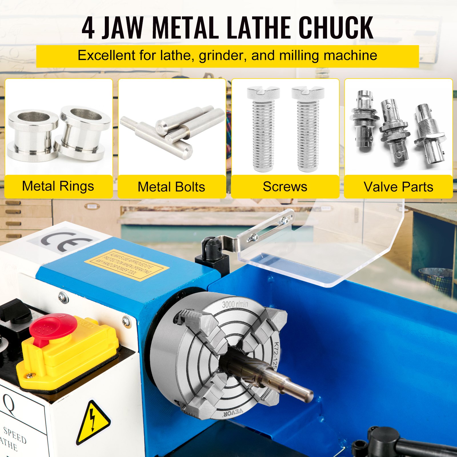 VEVOR K72-125 Lathe Chuck, 5 Inch, 4-Jaw, Independent Metal Lathe Chuck with Reversible Jaw, Cast Iron Body, 0.276 -2.244 in Internal 1.89 -4.92 in External Jaw Clamping Range, for Lathes Machine
