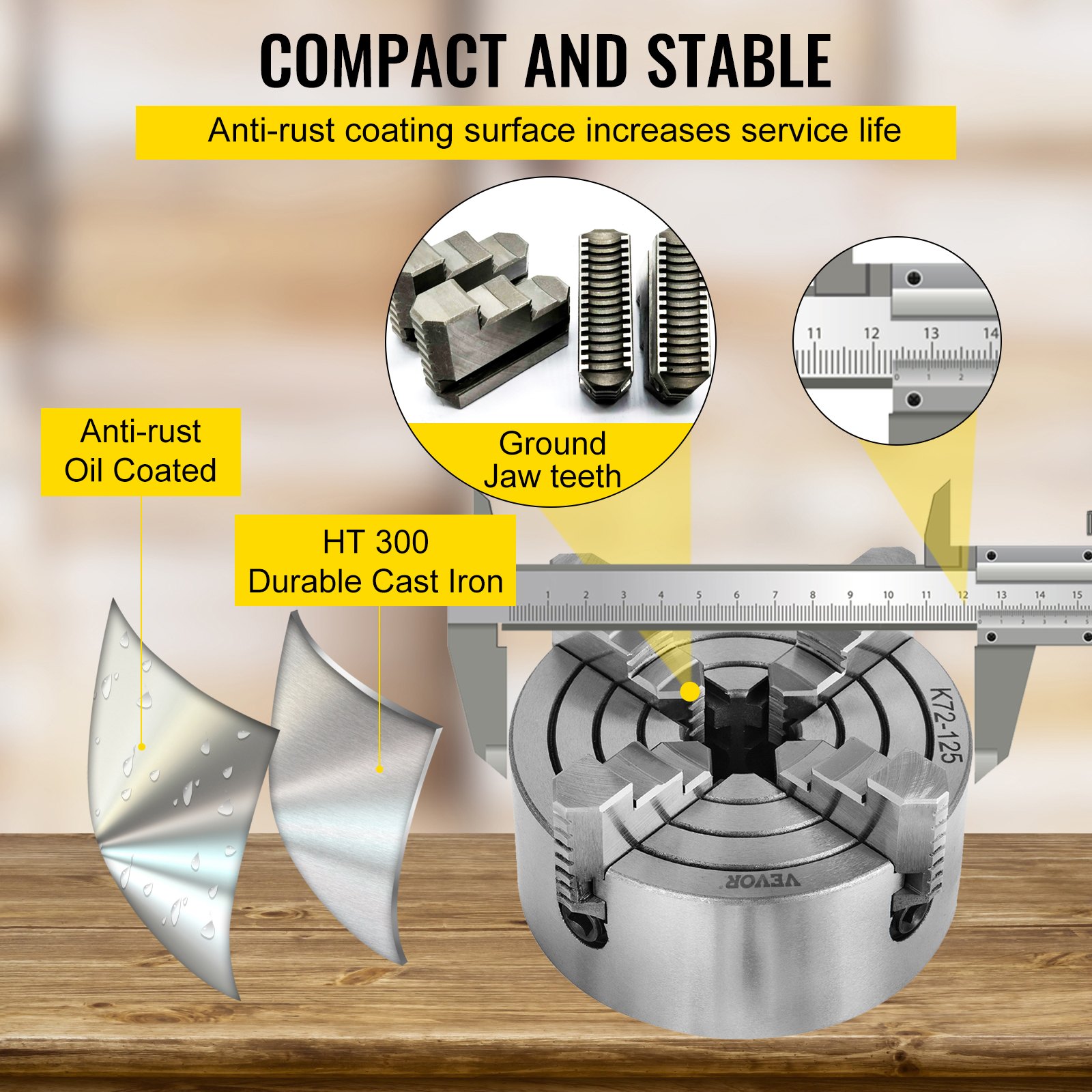 VEVOR K72-125 Lathe Chuck, 5 Inch, 4-Jaw, Independent Metal Lathe Chuck with Reversible Jaw, Cast Iron Body, 0.276 -2.244 in Internal 1.89 -4.92 in External Jaw Clamping Range, for Lathes Machine