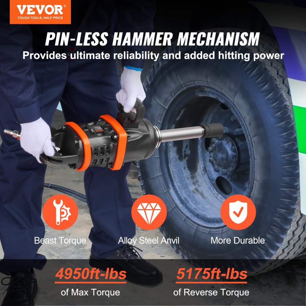 VEVOR 1 Inch Air Impact Wrench, Up to 5175 ft-lbs Beast Reverse Torque Output Pneumatic Impact Gun w/ 8 Inch Extended Anvil for Repairs and Maintenance of Heavy Duty Machinery / Semi-Truck / Bus