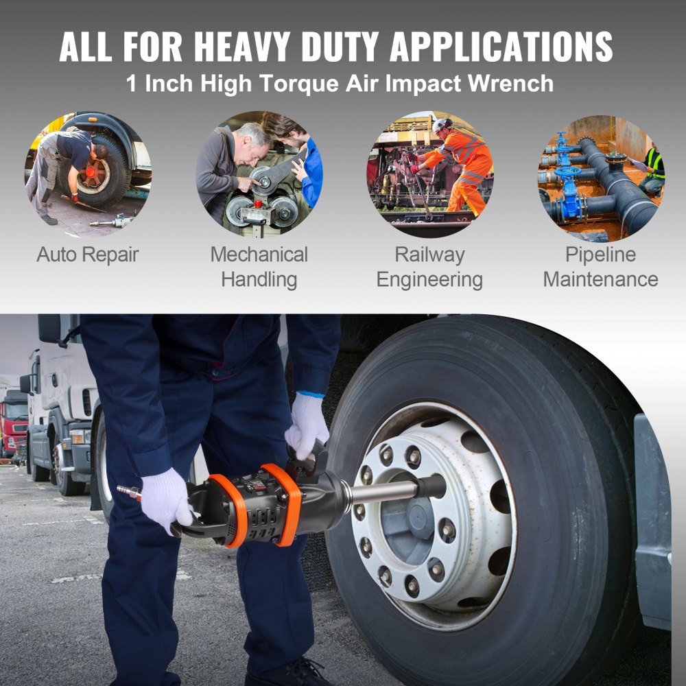VEVOR 1 Inch Air Impact Wrench, Up to 5175 ft-lbs Beast Reverse Torque Output Pneumatic Impact Gun w/ 8 Inch Extended Anvil for Repairs and Maintenance of Heavy Duty Machinery / Semi-Truck / Bus