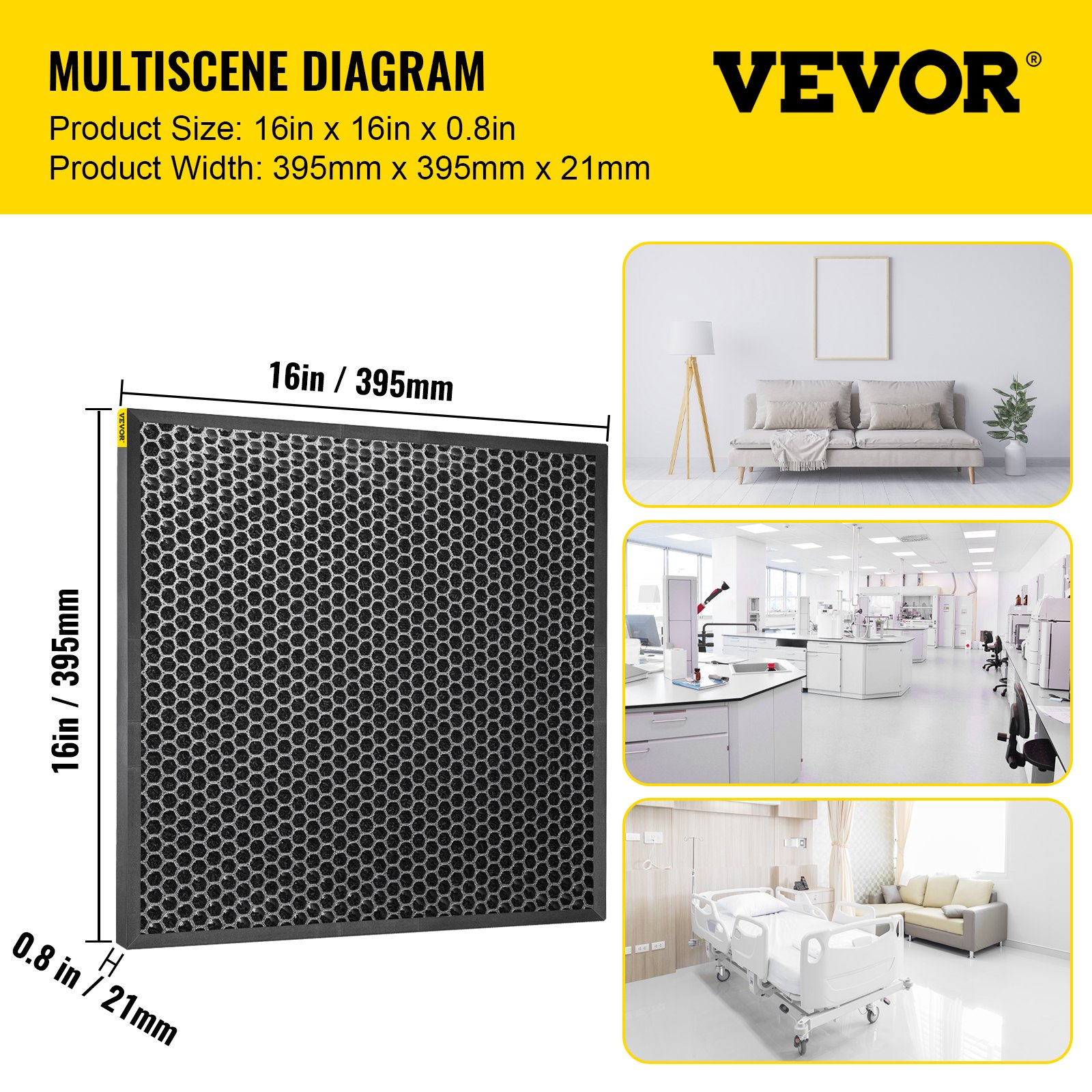 VEVOR HEPA Replacement Filter, 4pcs Active Carbon Air Filter, 16''x16'' Filter, High-Efficient Air Filter Replacement Set with Metal Mesh Cover