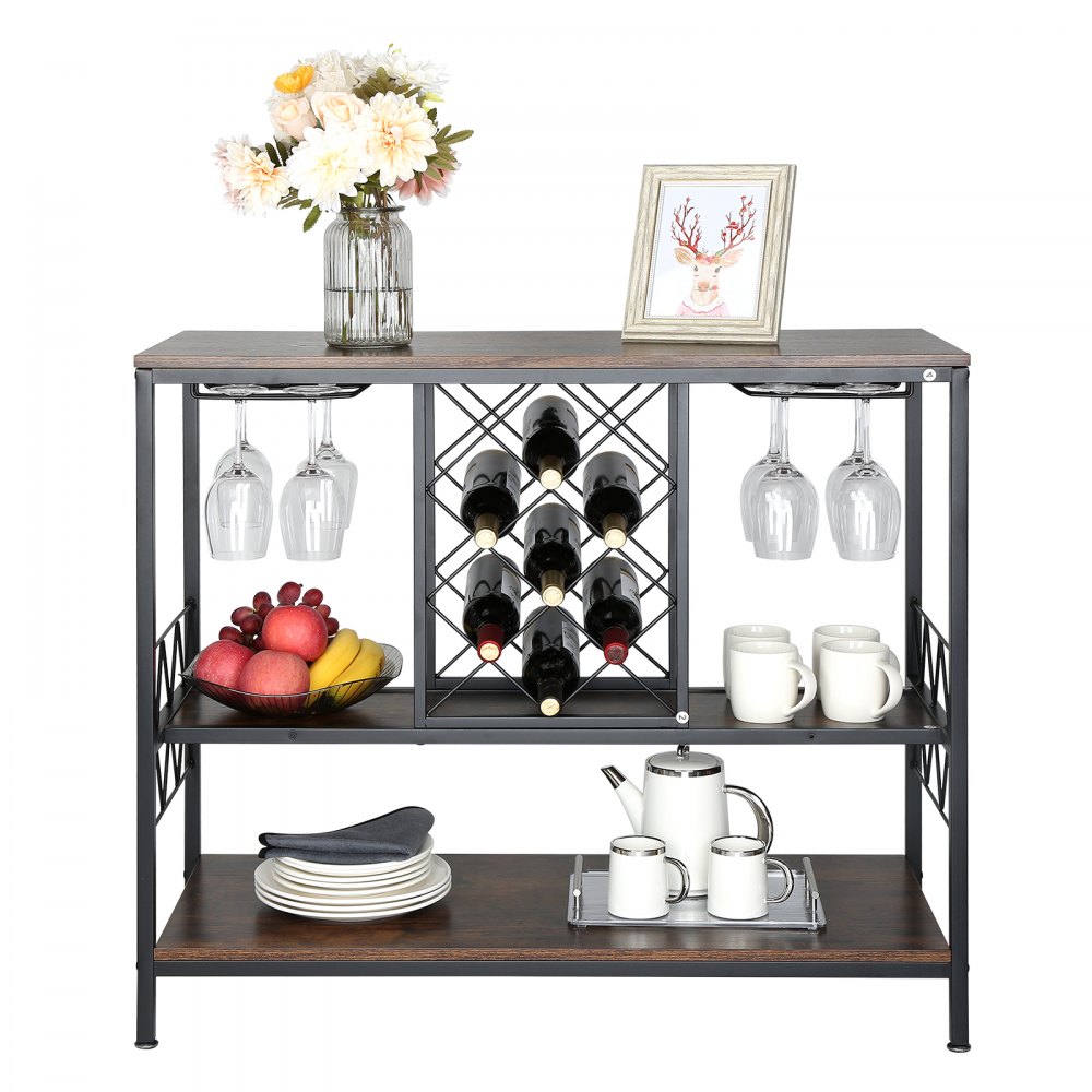 VEVOR 40 Inch Industrial Bar Cabinet, Wine Table for Liquor and Glasses, Sideboard Buffet Cabinet with Glass Holder & Wine Rack, Freestanding Farmhouse Wood Coffee Bar Cabinet for Living Room Home Bar