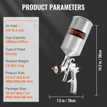 VEVOR LVLP Air Spray Gun, High Performance Gravity Feed Paint Sprayer 1.3mm 1.4mm 1.8mm Stainless Steel Nozzles 1000cc Cup with MPS Adapter and Air Regulator for Walls, Automotive, Home Improvement