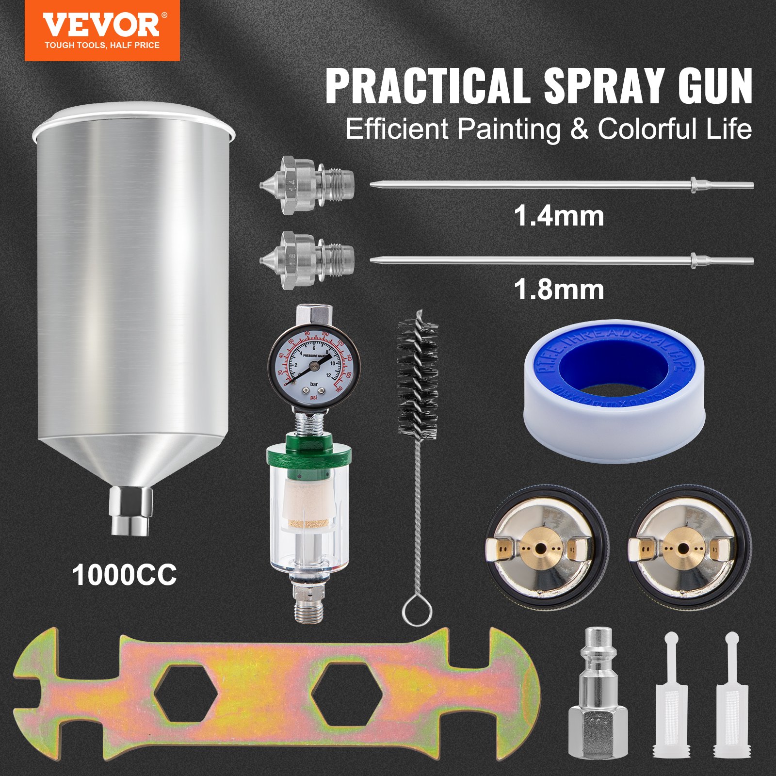 VEVOR LVLP Auto Paint Spray Gun, High Performance Paint Sprayer Gun with 1.3/1.4/1.8mm 3 Nozzles 1000ml Capacity and Air Regulator for Walls, Automotive, Home Improvement