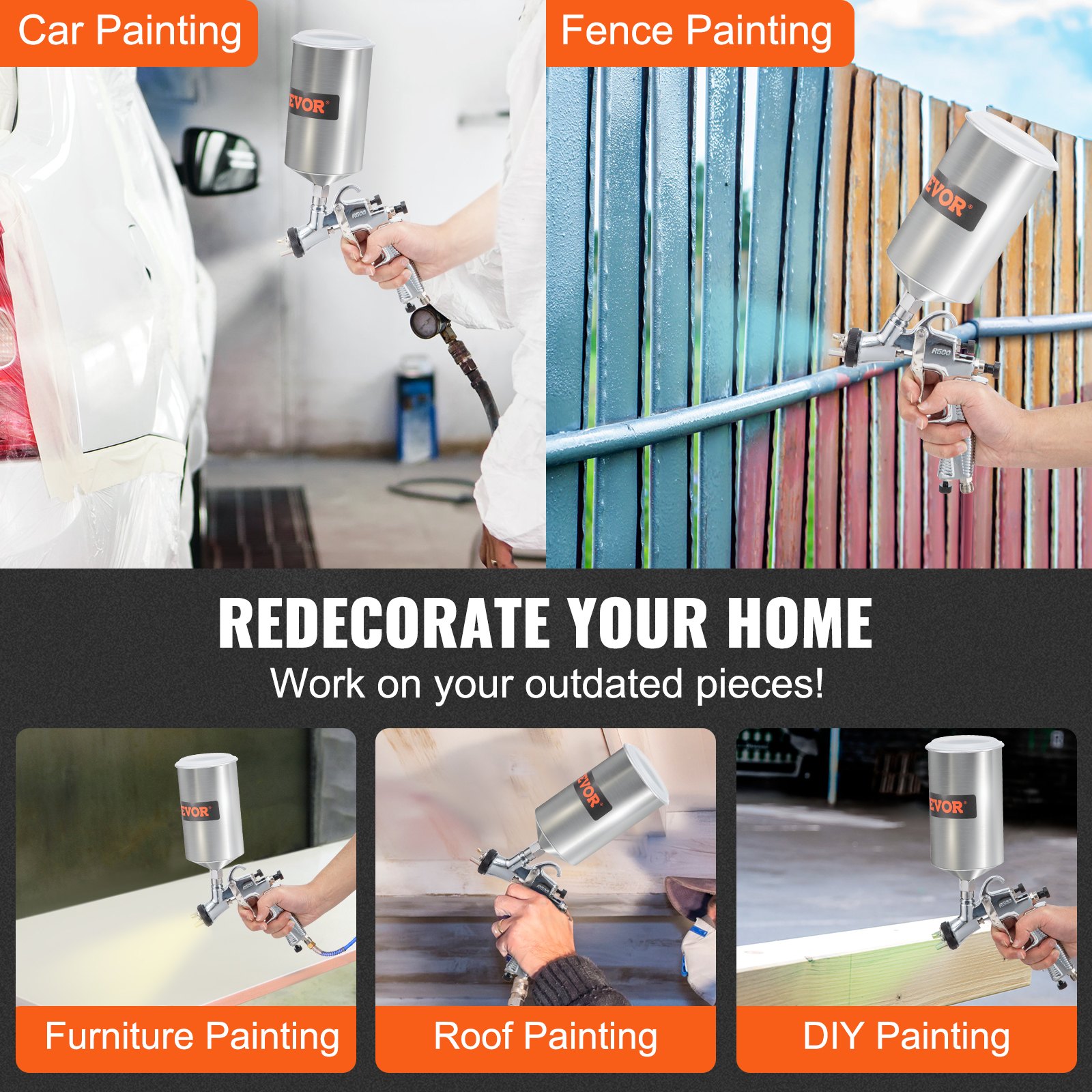 VEVOR LVLP Auto Paint Spray Gun, High Performance Paint Sprayer Gun with 1.3/1.4/1.8mm 3 Nozzles 1000ml Capacity and Air Regulator for Walls, Automotive, Home Improvement