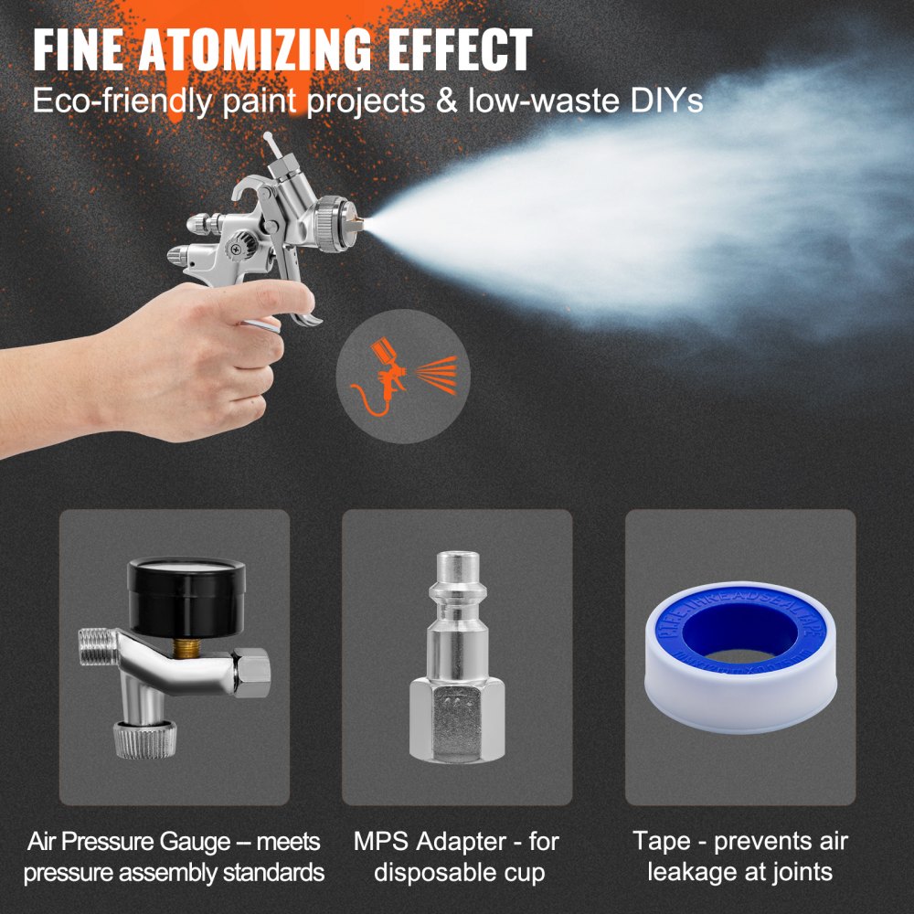 VEVOR HVLP Air Spray Gun, Professional Gravity Feed Sprayer Piant Automotive 1.3mm 1.7mm Stainless Nozzles 1000cc Copper Cup with MPS Adapter and Air Regulator for Primer, Clear & Top Coat, Touch Up