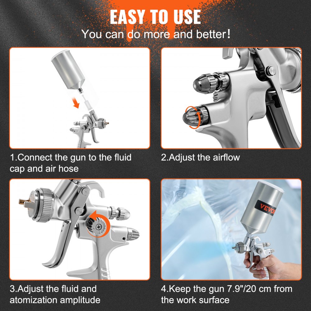 VEVOR HVLP Air Spray Gun, Professional Gravity Feed Sprayer Piant Automotive 1.3mm 1.7mm Stainless Nozzles 1000cc Copper Cup with MPS Adapter and Air Regulator for Primer, Clear & Top Coat, Touch Up